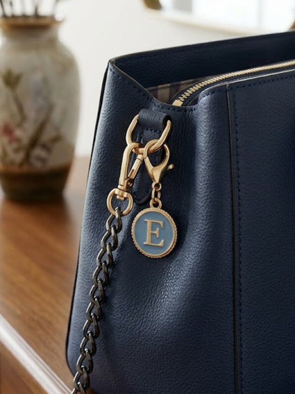 Gold & Blue Enamel Initial E Bag Charm Keychain - Personalized Elegant Accessory - Picture 4 of 4